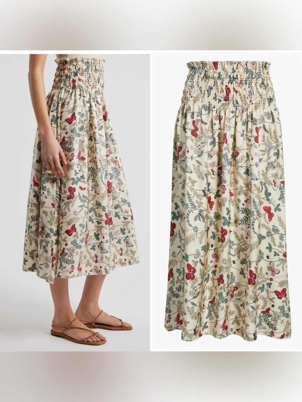 THE GREAT. Smocked-Waist Maxi Skirt in Cream with Red & Green Floral Print M